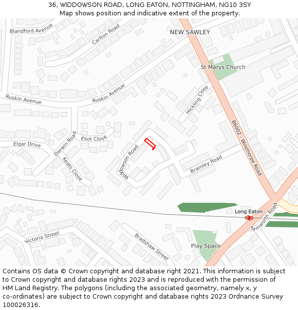 36, WIDDOWSON ROAD, LONG EATON, NOTTINGHAM, NG10 3SY: Location map and indicative extent of plot