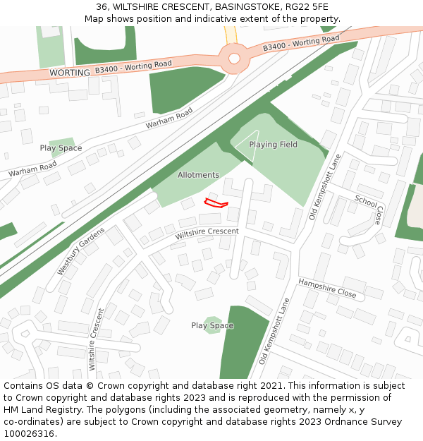 36, WILTSHIRE CRESCENT, BASINGSTOKE, RG22 5FE: Location map and indicative extent of plot