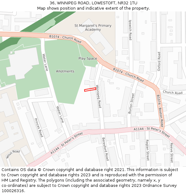 36, WINNIPEG ROAD, LOWESTOFT, NR32 1TU: Location map and indicative extent of plot