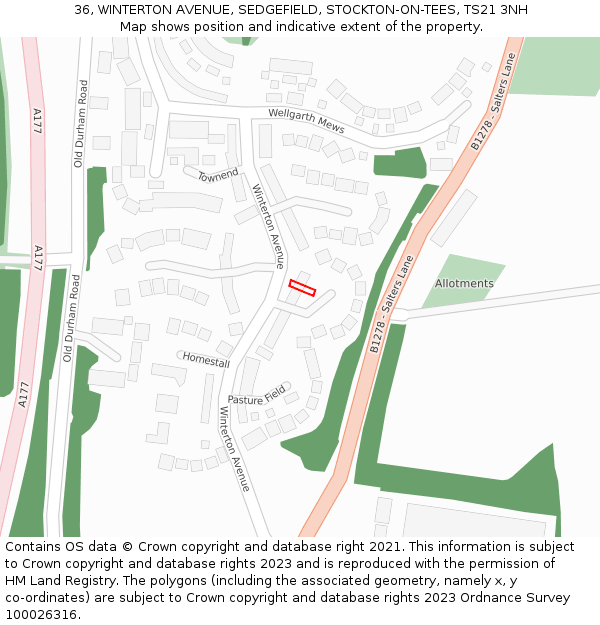 36, WINTERTON AVENUE, SEDGEFIELD, STOCKTON-ON-TEES, TS21 3NH: Location map and indicative extent of plot