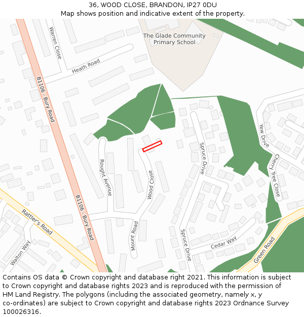 36, WOOD CLOSE, BRANDON, IP27 0DU: Location map and indicative extent of plot