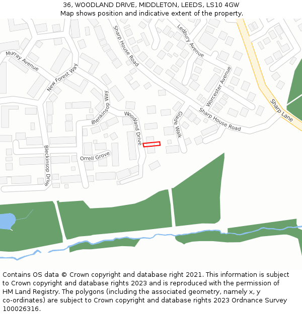 36, WOODLAND DRIVE, MIDDLETON, LEEDS, LS10 4GW: Location map and indicative extent of plot
