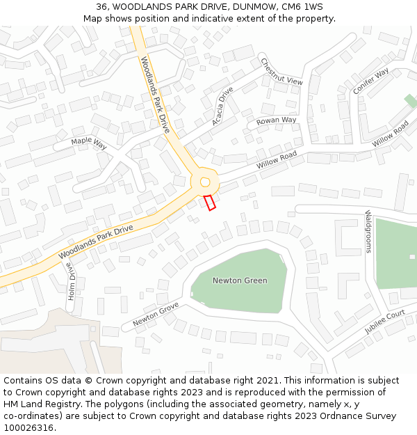 36, WOODLANDS PARK DRIVE, DUNMOW, CM6 1WS: Location map and indicative extent of plot