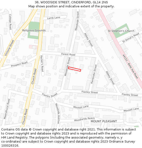 36, WOODSIDE STREET, CINDERFORD, GL14 2NS: Location map and indicative extent of plot
