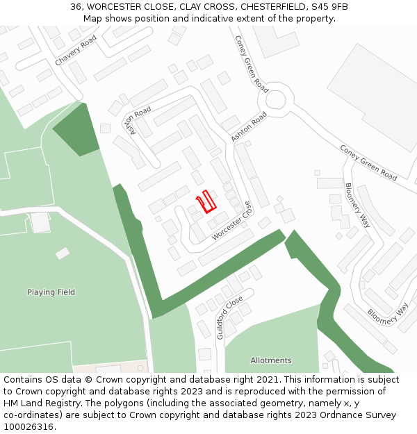 36, WORCESTER CLOSE, CLAY CROSS, CHESTERFIELD, S45 9FB: Location map and indicative extent of plot