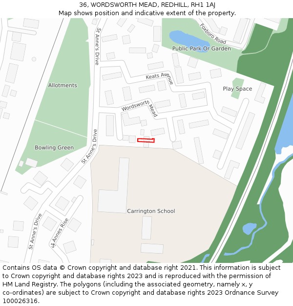 36, WORDSWORTH MEAD, REDHILL, RH1 1AJ: Location map and indicative extent of plot