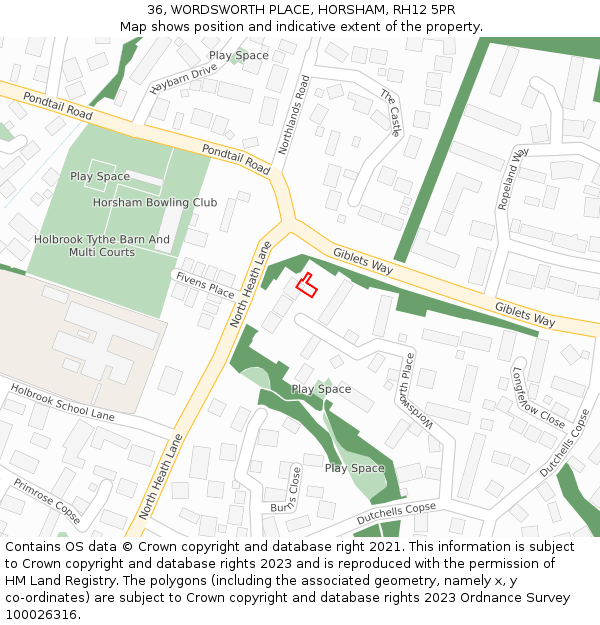 36, WORDSWORTH PLACE, HORSHAM, RH12 5PR: Location map and indicative extent of plot