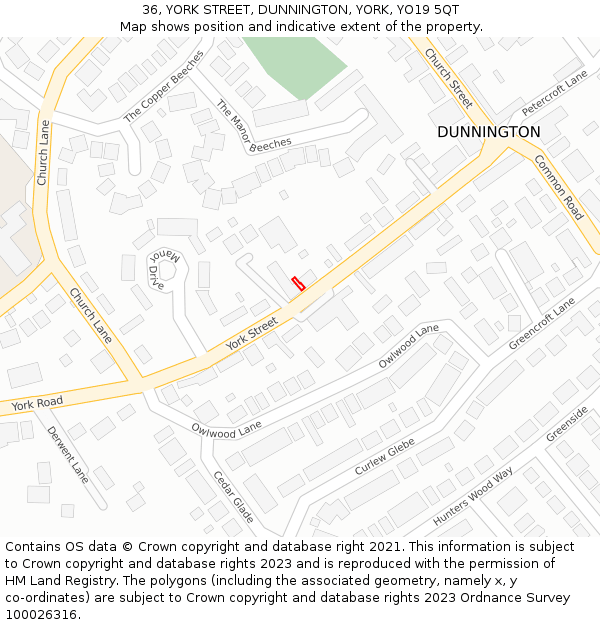 36, YORK STREET, DUNNINGTON, YORK, YO19 5QT: Location map and indicative extent of plot