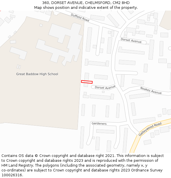 360, DORSET AVENUE, CHELMSFORD, CM2 8HD: Location map and indicative extent of plot