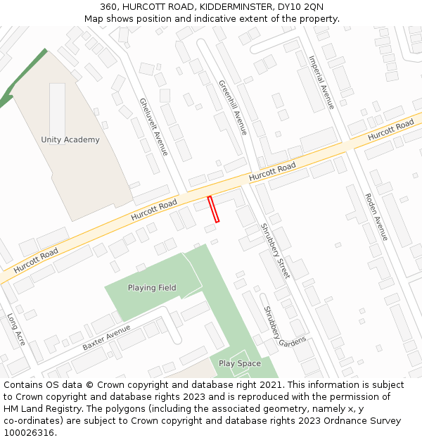 360, HURCOTT ROAD, KIDDERMINSTER, DY10 2QN: Location map and indicative extent of plot