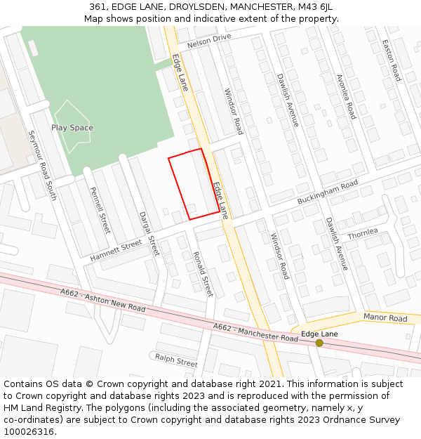 361, EDGE LANE, DROYLSDEN, MANCHESTER, M43 6JL: Location map and indicative extent of plot