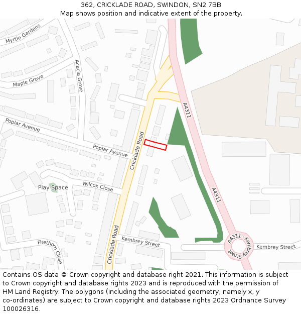 362, CRICKLADE ROAD, SWINDON, SN2 7BB: Location map and indicative extent of plot