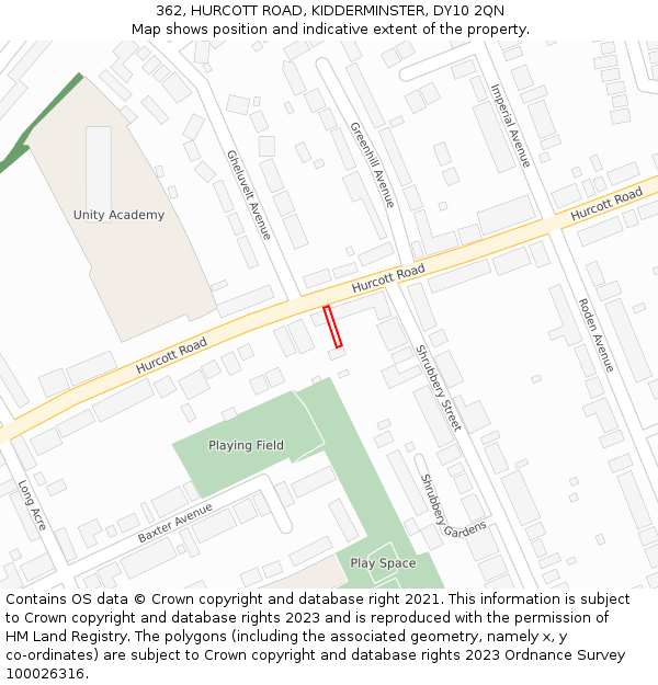 362, HURCOTT ROAD, KIDDERMINSTER, DY10 2QN: Location map and indicative extent of plot