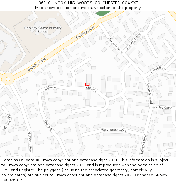 363, CHINOOK, HIGHWOODS, COLCHESTER, CO4 9XT: Location map and indicative extent of plot
