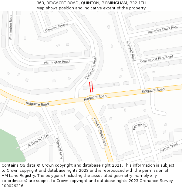 363, RIDGACRE ROAD, QUINTON, BIRMINGHAM, B32 1EH: Location map and indicative extent of plot