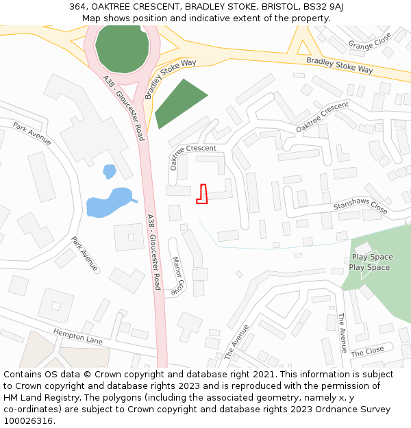 364, OAKTREE CRESCENT, BRADLEY STOKE, BRISTOL, BS32 9AJ: Location map and indicative extent of plot