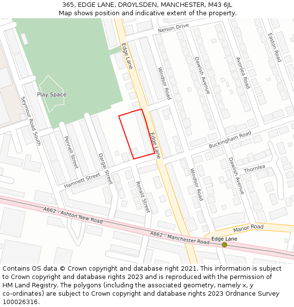 365, EDGE LANE, DROYLSDEN, MANCHESTER, M43 6JL: Location map and indicative extent of plot