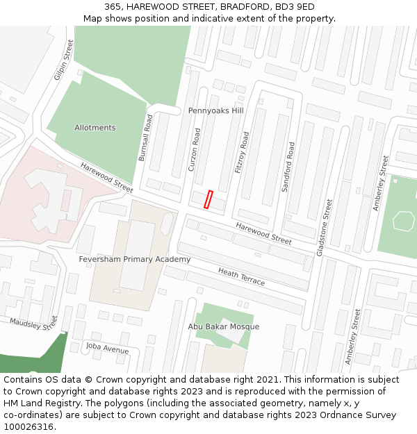 365, HAREWOOD STREET, BRADFORD, BD3 9ED: Location map and indicative extent of plot