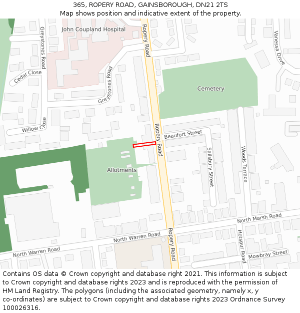 365, ROPERY ROAD, GAINSBOROUGH, DN21 2TS: Location map and indicative extent of plot