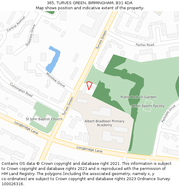 365, TURVES GREEN, BIRMINGHAM, B31 4DA: Location map and indicative extent of plot