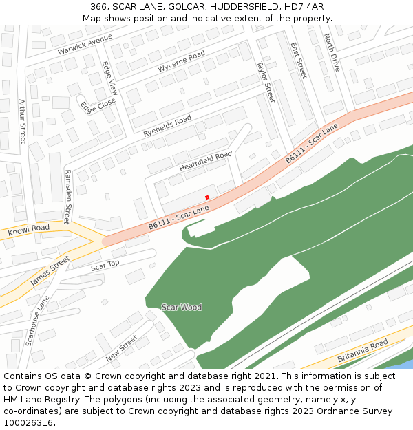 366, SCAR LANE, GOLCAR, HUDDERSFIELD, HD7 4AR: Location map and indicative extent of plot