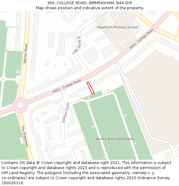 369, COLLEGE ROAD, BIRMINGHAM, B44 0HF: Location map and indicative extent of plot