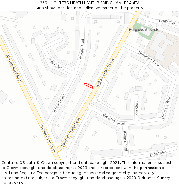 369, HIGHTERS HEATH LANE, BIRMINGHAM, B14 4TA: Location map and indicative extent of plot