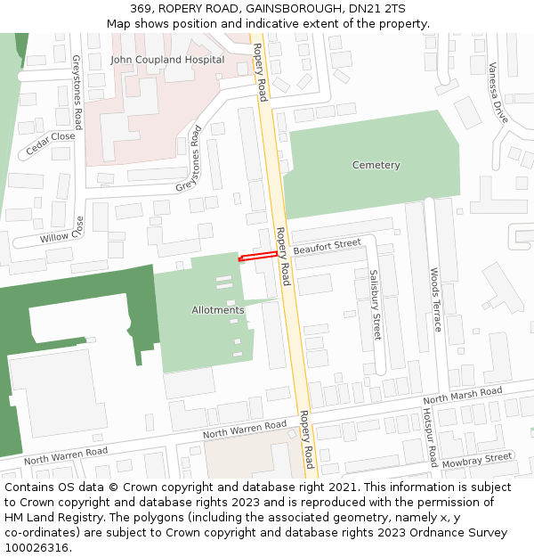369, ROPERY ROAD, GAINSBOROUGH, DN21 2TS: Location map and indicative extent of plot