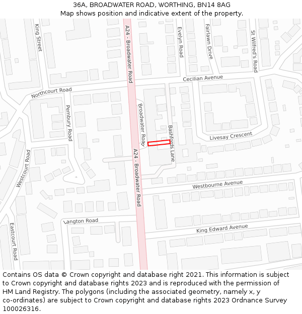 36A, BROADWATER ROAD, WORTHING, BN14 8AG: Location map and indicative extent of plot