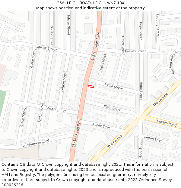 36A, LEIGH ROAD, LEIGH, WN7 1RX: Location map and indicative extent of plot