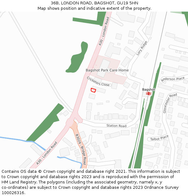 36B, LONDON ROAD, BAGSHOT, GU19 5HN: Location map and indicative extent of plot