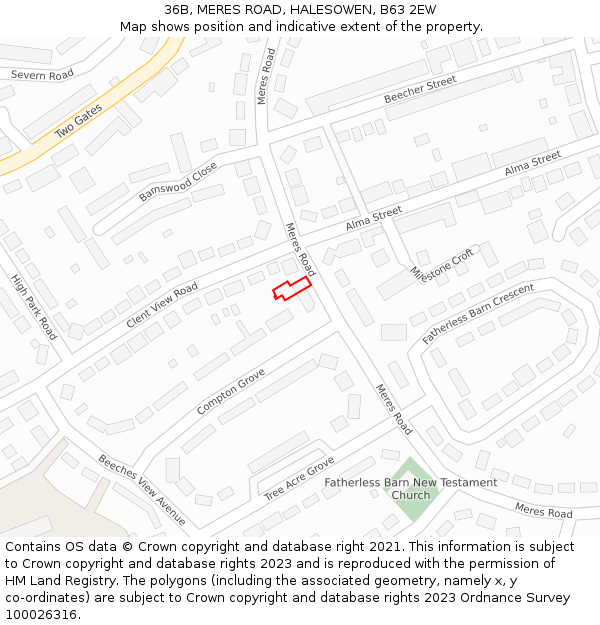 36B, MERES ROAD, HALESOWEN, B63 2EW: Location map and indicative extent of plot