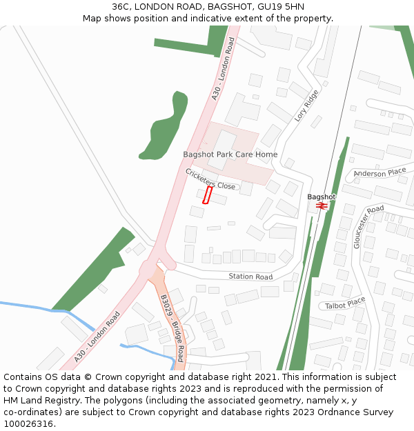 36C, LONDON ROAD, BAGSHOT, GU19 5HN: Location map and indicative extent of plot