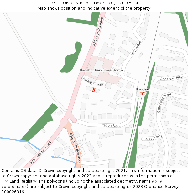 36E, LONDON ROAD, BAGSHOT, GU19 5HN: Location map and indicative extent of plot