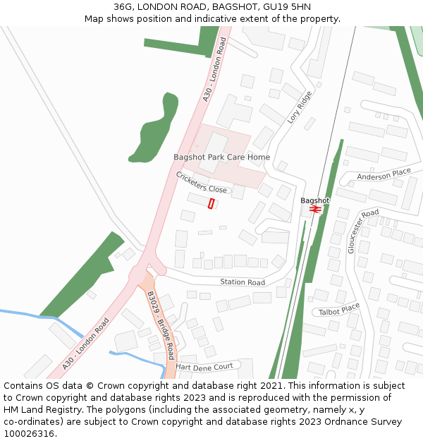 36G, LONDON ROAD, BAGSHOT, GU19 5HN: Location map and indicative extent of plot