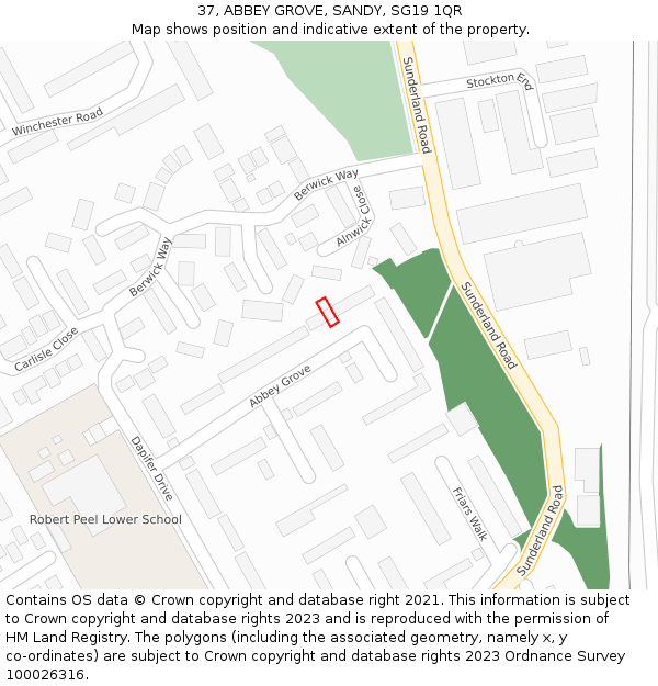 37, ABBEY GROVE, SANDY, SG19 1QR: Location map and indicative extent of plot