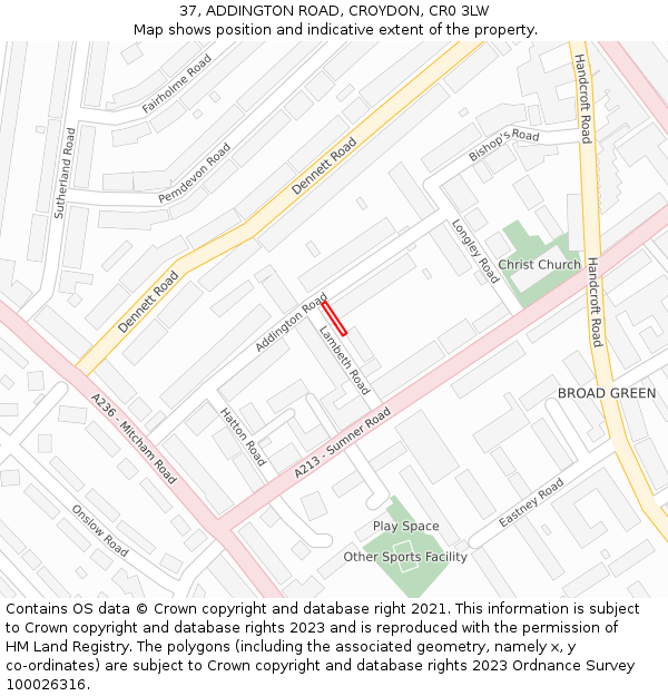 37, ADDINGTON ROAD, CROYDON, CR0 3LW: Location map and indicative extent of plot