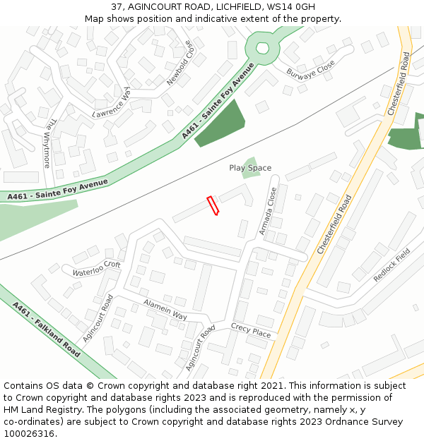 37, AGINCOURT ROAD, LICHFIELD, WS14 0GH: Location map and indicative extent of plot