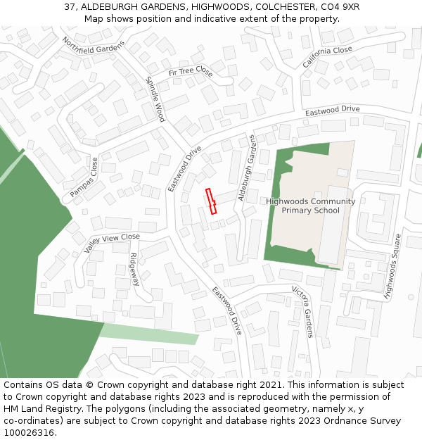37, ALDEBURGH GARDENS, HIGHWOODS, COLCHESTER, CO4 9XR: Location map and indicative extent of plot