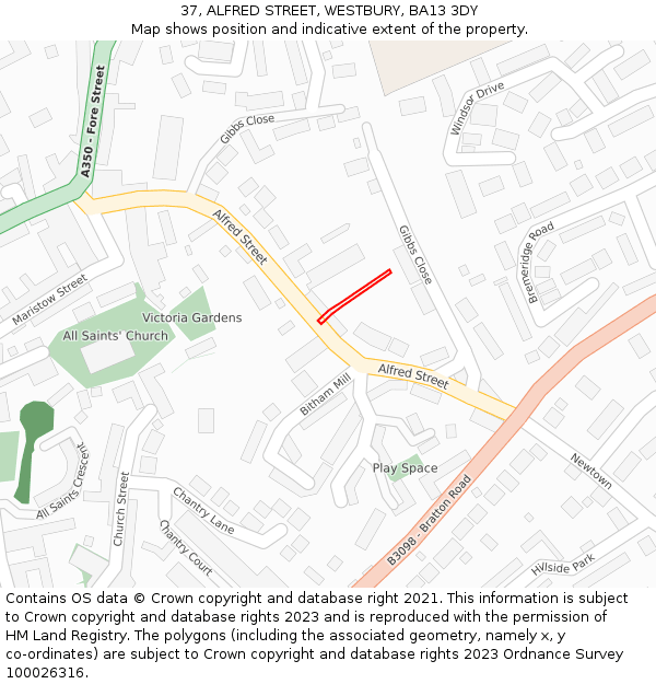 37, ALFRED STREET, WESTBURY, BA13 3DY: Location map and indicative extent of plot