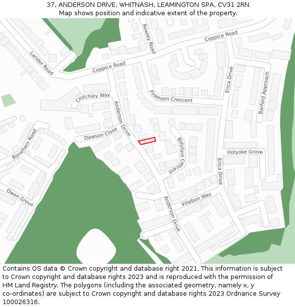 37, ANDERSON DRIVE, WHITNASH, LEAMINGTON SPA, CV31 2RN: Location map and indicative extent of plot