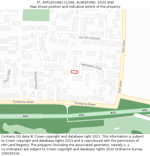 37, APPLEDOWN CLOSE, ALRESFORD, SO24 9ND: Location map and indicative extent of plot