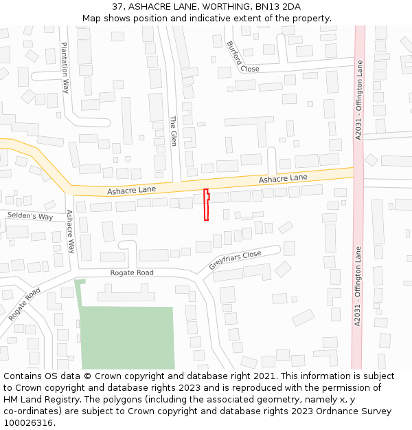 37, ASHACRE LANE, WORTHING, BN13 2DA: Location map and indicative extent of plot