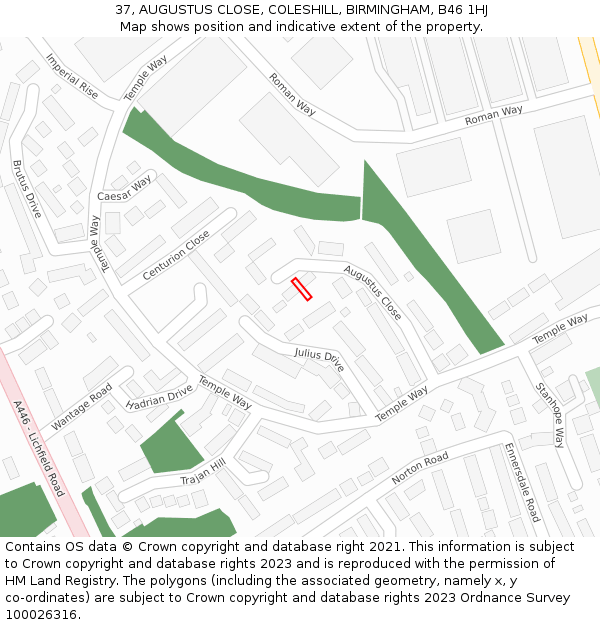 37, AUGUSTUS CLOSE, COLESHILL, BIRMINGHAM, B46 1HJ: Location map and indicative extent of plot