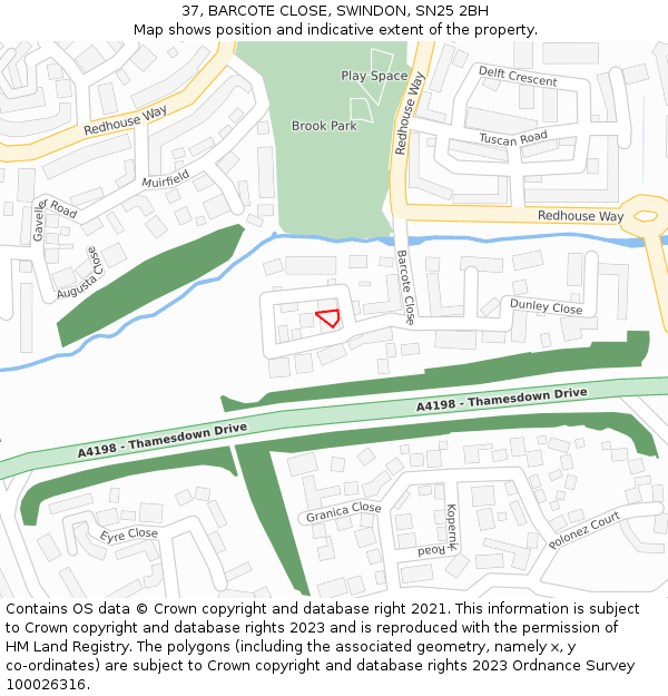 37, BARCOTE CLOSE, SWINDON, SN25 2BH: Location map and indicative extent of plot