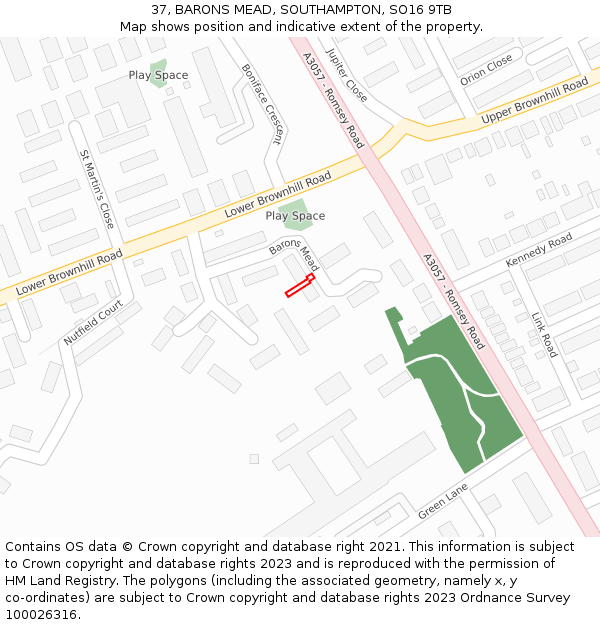 37, BARONS MEAD, SOUTHAMPTON, SO16 9TB: Location map and indicative extent of plot