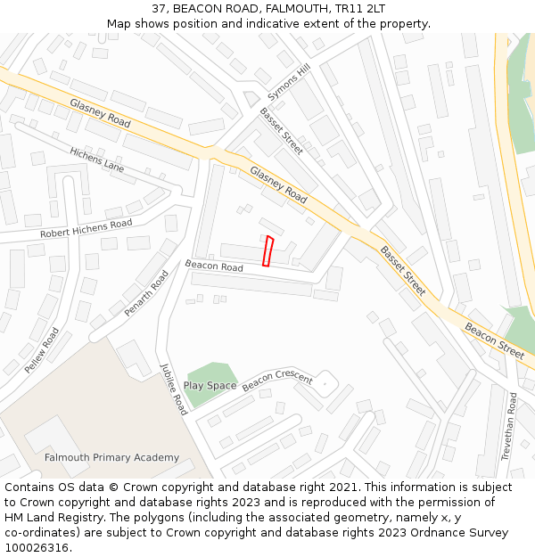 37, BEACON ROAD, FALMOUTH, TR11 2LT: Location map and indicative extent of plot