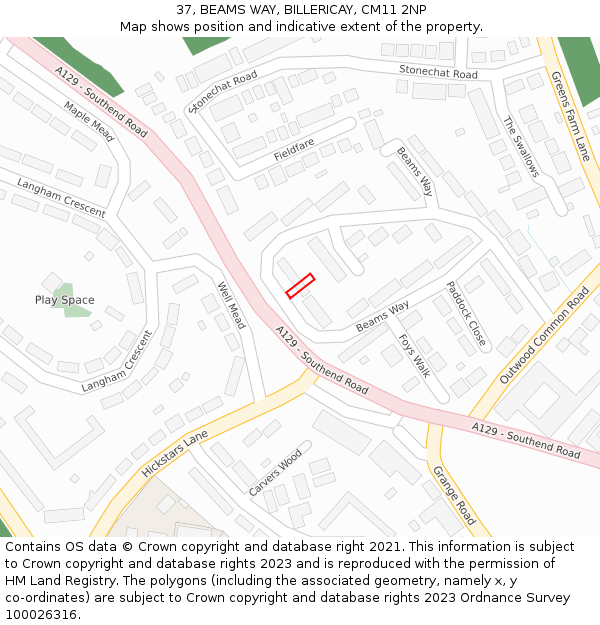 37, BEAMS WAY, BILLERICAY, CM11 2NP: Location map and indicative extent of plot