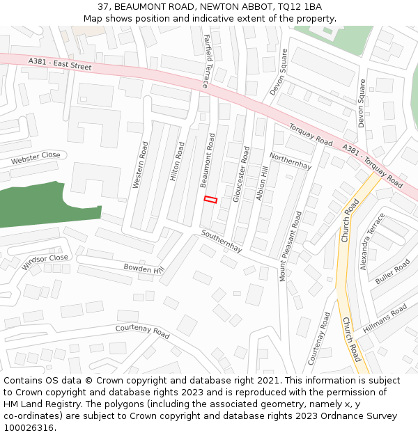 37, BEAUMONT ROAD, NEWTON ABBOT, TQ12 1BA: Location map and indicative extent of plot