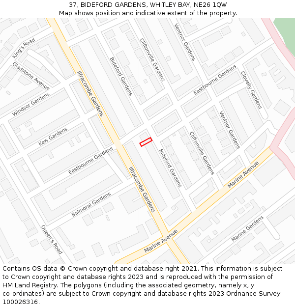 37, BIDEFORD GARDENS, WHITLEY BAY, NE26 1QW: Location map and indicative extent of plot